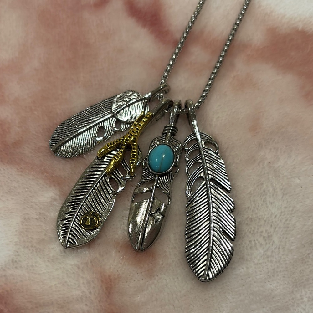 Silver Feather 4 Charm Pendant Necklace with Faux Turquoise and Gold Accents NWT - Picture 5 of 15